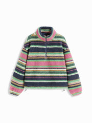 Fleece Stripe Stand Collar Drawstring Half Zip Oversized Sweatshirt