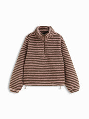 Fleece Stripe Stand Collar Drawstring Half Zip Oversized Sweatshirt