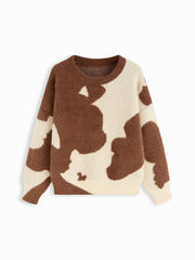 Knit Wool-blend Cow Pattern Round Neck Oversized Sweater