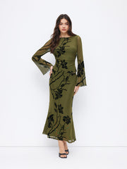 Mesh Floral Boat Neck Bell Sleeve Top & Mid Rise Mermaid Maxi Skirt Set