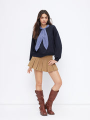 Terry Cotton-blend Plaid Long Sleeve Tie Front Sweatshirt