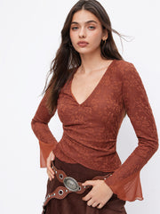 Jacquard Floral V-neck Bell Sleeve Wrap Ruched Top