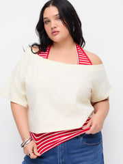 Cotton-blend Asymmetrical Neck Tee With Halter Neckline Stripe Top Curve & Plus