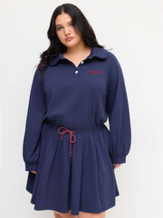 Cotton-blend Collar Slow Racing Embroidery Knotted Pleated Mini Dress Curve & Plus