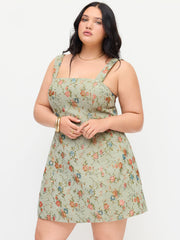Jacquard Floral Square Neck Tie Back A-line Mini Dress Curve & Plus