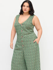 Jacquard Floral V-neck Button Wide Leg Jumpsuit Curve & Plus