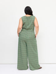 Jacquard Floral V-neck Button Wide Leg Jumpsuit Curve & Plus