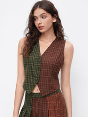 Plaid Two Tone V-neck Button Blazer Vest