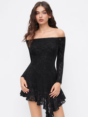 Cotton-blend Lace Off-shoulder Floral Ruffle Hem Mini Dress