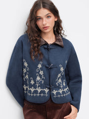 Fleece Round Neckline Floral Embroidery Toggle Button Jacket