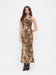 Mesh Cowl Neck Leopard Print Backless Mermaid Maxi Dress