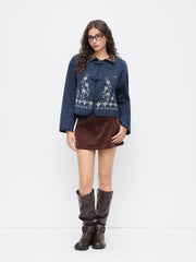 Fleece Round Neckline Floral Embroidery Toggle Button Jacket