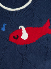 Knit Round Neckline Fish Graphic Contrasting Binding Oversized Top Curve & Plus