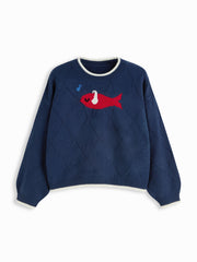 Knit Round Neckline Fish Graphic Contrasting Binding Oversized Top Curve & Plus
