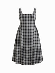 Square Neck Check Pleated Zipper Maxi Dress Curve & Plus