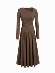 Asymmetrical Neck Long Sleeve Ruched Maxi Dress