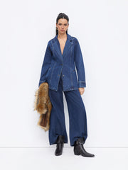 Denim Collar Button Split Longline Jacket