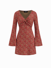Floral V-neck Bell Sleeve Twist Mini Dress
