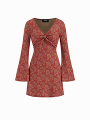 Floral V-neck Bell Sleeve Twist Mini Dress