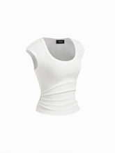 Cotton-blend U-neckline Ruched Tee