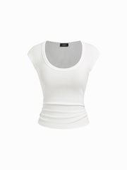 Cotton-blend U-neckline Ruched Tee