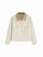 Cotton-blend Collar Long Sleeve Zip Through Two Tone Jacket