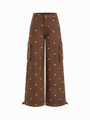 Denim Polka Dot Low Rise Oversized Wide Leg Cargo Jeans