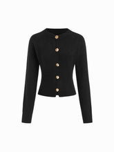 Knit Round Neckline Long Sleeve Metal Button Cardigan