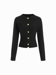 Knit Round Neckline Long Sleeve Metal Button Cardigan