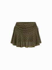 Mesh Checks Low Rise Ruched Knotted Mini Skirt