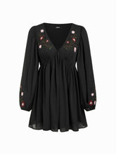 Chiffon V-Neck Floral Embroidery Ruched Lantern Sleeve Flared Mini Dress