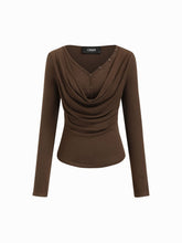 V-neck Solid Ruched Draped Cinched Waist Long Sleeve Tee