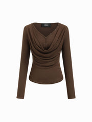 V-neck Solid Ruched Draped Cinched Waist Long Sleeve Tee