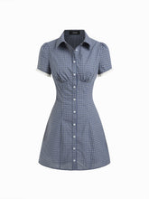 100% Cotton Shirred Collar Short Sleeve Checks Mini Dress
