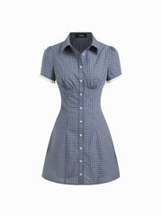 100% Cotton Shirred Collar Short Sleeve Checks Mini Dress