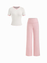 Round Neckline Lettuce Trim Bowknot Top & High Rise Straight Leg Trousers Loungewear Set