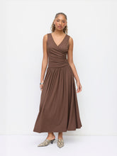 V-neck Wrap Ruched Flared Maxi Dress