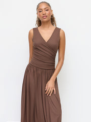 V-neck Wrap Ruched Flared Maxi Dress