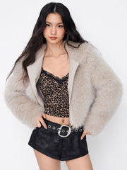 Faux Fur Hooded Zip Through Long Sleeve Jacket