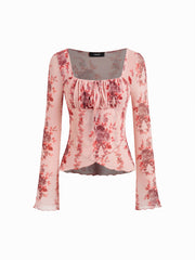 Mesh Square Neck Floral Lettuce Trim Drawstring Ruched Long Sleeve Top
