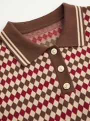 Knit Polo Collar Argyle Pattern Top