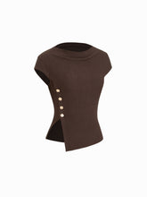 Cowl Neck Asymmetrical Hem Metal Button Split Short Sleeve Top