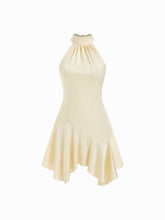 Satin Halter Neckline Ruched Asymmetrical Hem Mini Dress