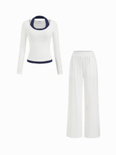 Cotton-blend Halter Neckline Two Tone Top & High Rise Straight Leg Trousers Loungewear Set