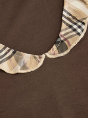 V-neck Tartan Lettuce Trim Long Sleeve Top