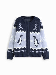Knit Penguin & Heart Pattern Zip Through Oversized Cardigan
