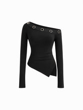Asymmetrical Neck Long Sleeve Metal Detail Cut Out Ruched Split Top