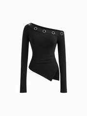Asymmetrical Neck Long Sleeve Metal Detail Cut Out Ruched Split Top