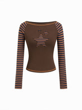 Cotton-blend Boat Neck Striped Star Appliques Tee