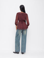 Chiffon V-neck Tie Back Lettuce Trim Ruffle See-through Blouse